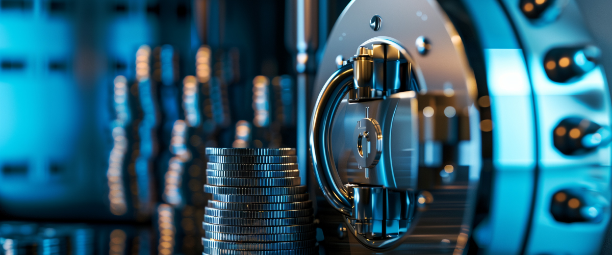 Concept art of an article about LLC Asset Protection: silver coins inside a vault door (AI Art)