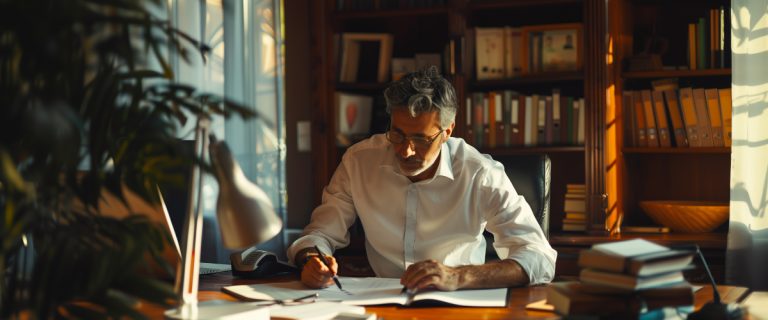 Concept art of an article about Exit Tax on US Citizenship Renunciation: business man sitting at office desk (AI Art)