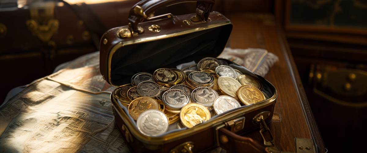 Concept art of an article about Transporting Precious Metals: travel bag filled with shiny gold and silver coins (AI Art)