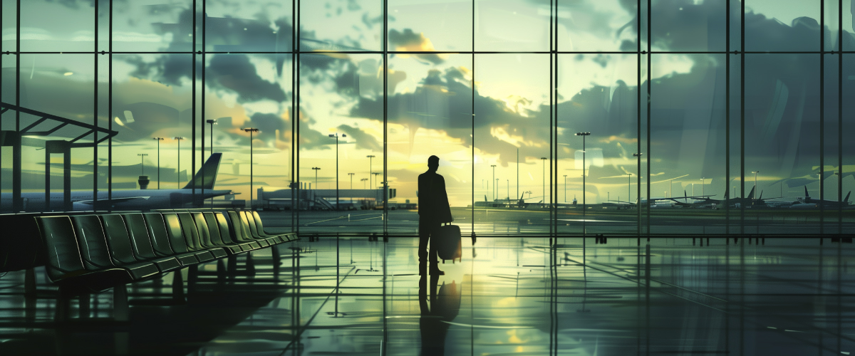 Concept art of an article about Being an American Abroad: man waiting at an empty airport gate (AI Art)