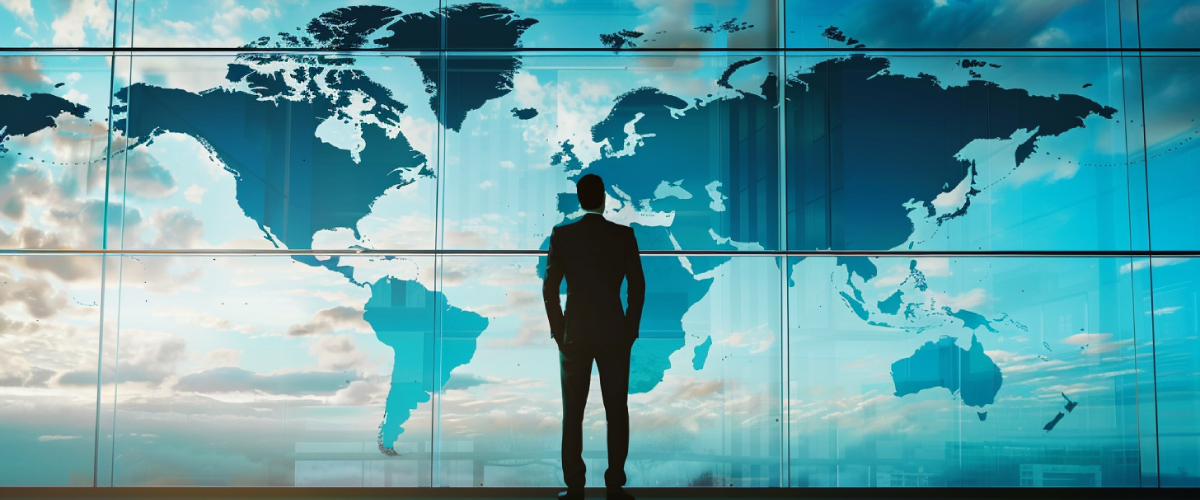 Concept art of an article about 4 Totally Legal Reasons to Use an Offshore Structure: man standing in front of giant world map (AI Art)