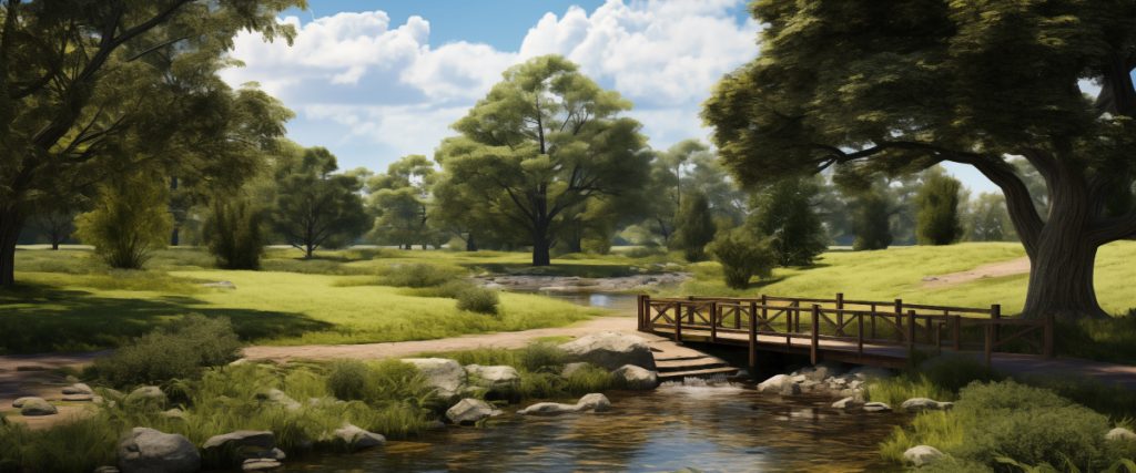 Concept art of an article about Illinois Land Trusts: A bridge over a stream in a tranquil field (AI Art)