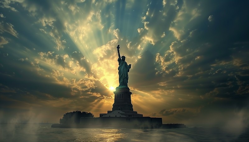 The Statue of Liberty with the sun in the background (AI Art)
