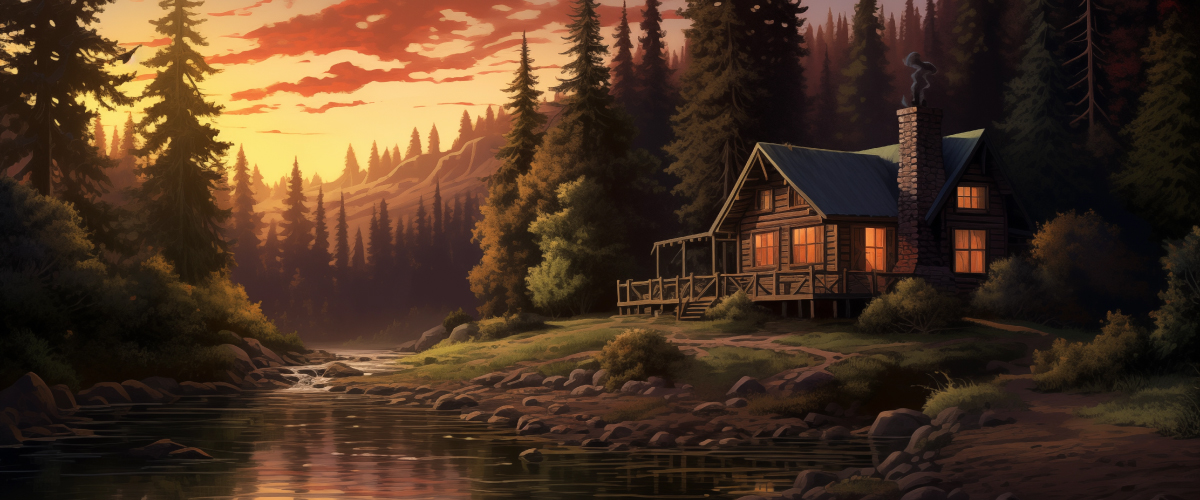 Concept art of an article about an Oregon Living Trust: picturesque landscape with a wooden cabin nestled amidst towering trees with a river nearby (AI Art)