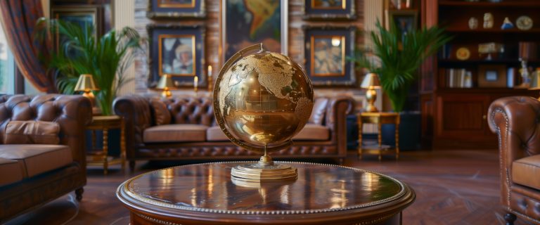 Concept art of an article about How to Ship Gold Internationally: rich wooden living room with a golden world globe on a round wooden antique table (AI Art)