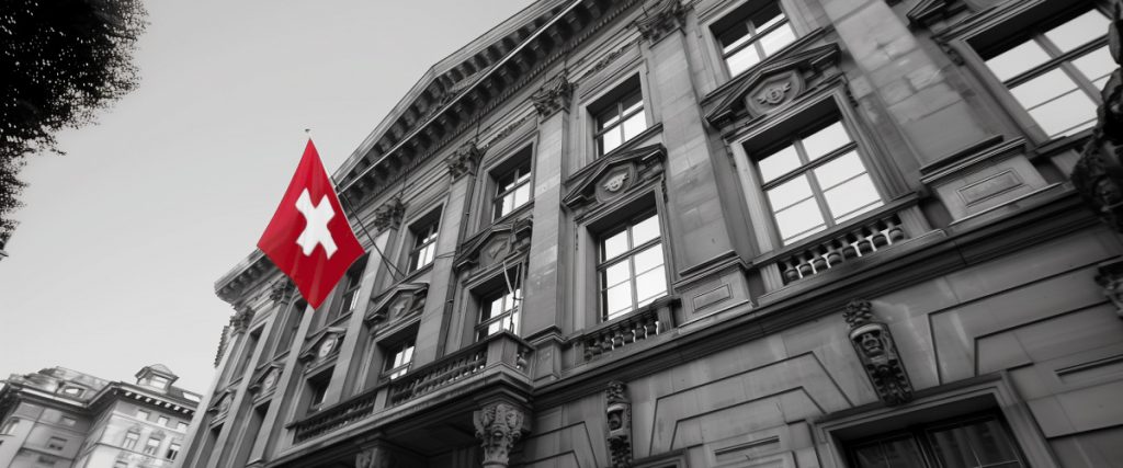 Concept art of an article about Are Swiss Banks Safe: black and white photo of an old bank with red and white Swiss flag in Zurich (AI Art)