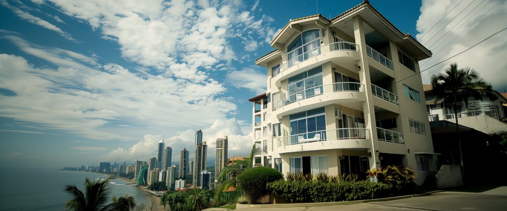 Concept art of an article about Foreign Real Estate Investments for Americans: white apartment building on a sunny day with the skyline of Panama City in the background (AI Art)