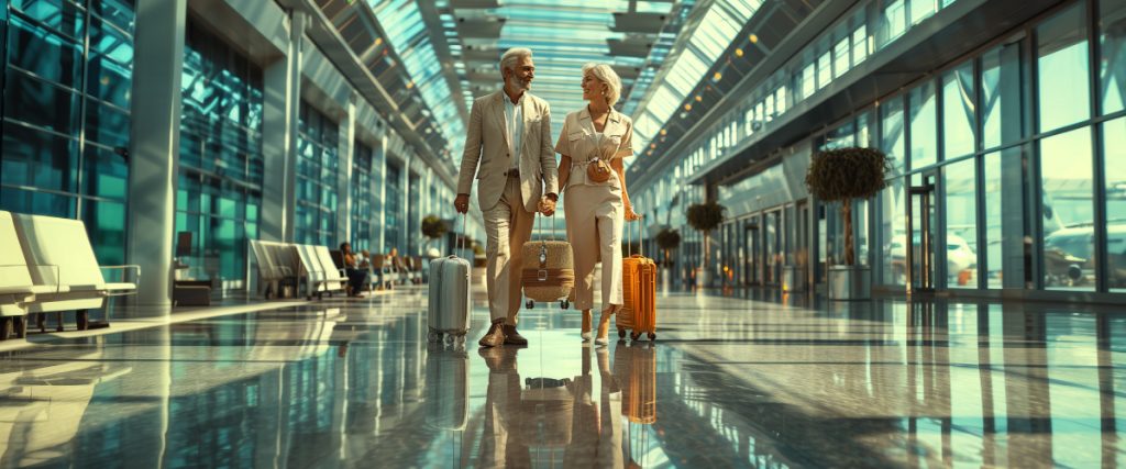 Concept art of an article about How to Get a Second Passport: couple holding luggage walking in an airport gate (AI Art)
