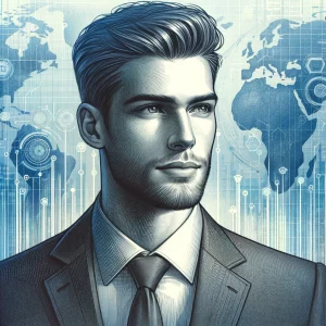 Concept art of a case study about IRS Form 8858: illustration of man in suit in front of world map (AI Art)