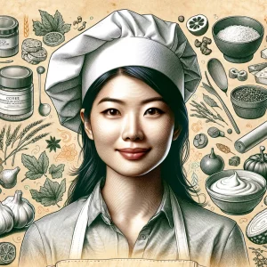 Concept art of a case study about IRS Form 8858: illustration female chef with ingredients and kitchen tools in background (AI Art)