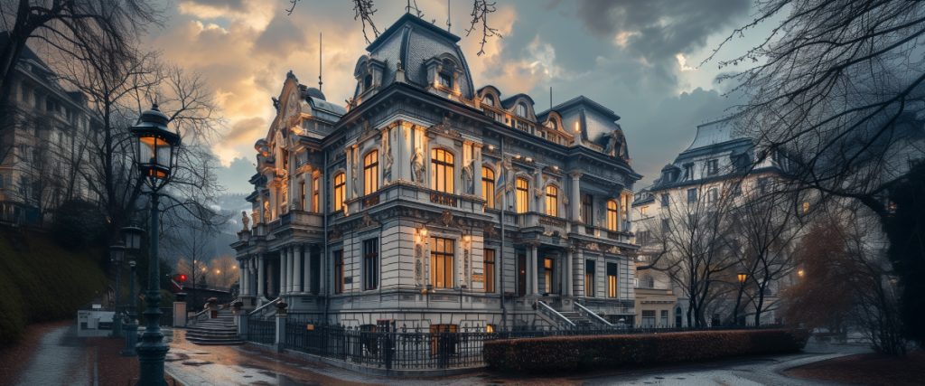 Concept art of an article about Why Have an Offshore Bank Account: fancy old bank building in Vienna (AI Art)