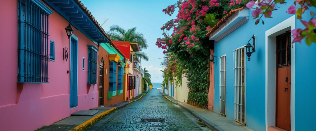 Concept art of an article about Puerto Rico Tax Incentives: cobblestone street with colorful houses in Puerto Rico (AI Art)