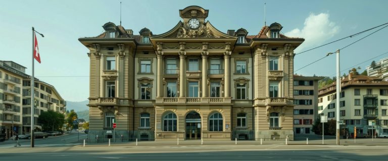 Concept art of an article about Best Swiss Banks: fancy old bank building in Switzerland (AI Art)