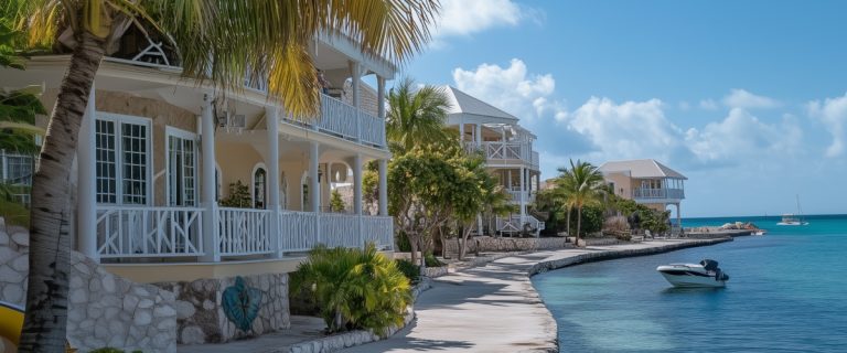 Concept art of an article about Cayman Islands Bank Account: beautiful waterfront buildings in the Cayman Islands (AI Art)