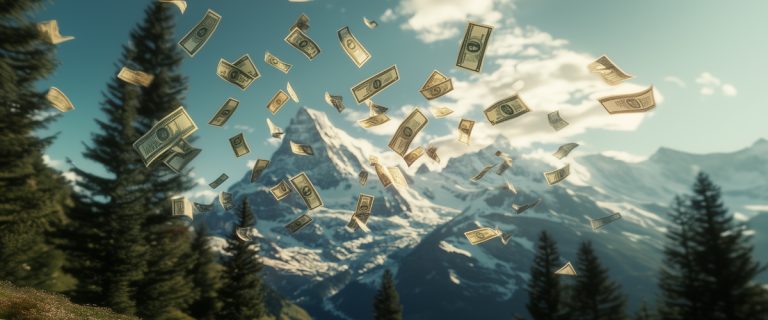 Concept art of an article about New Anti-Trump Clients of Swiss Banks Driven by Fear: US dollars falling over Swiss Alps (AI Art)