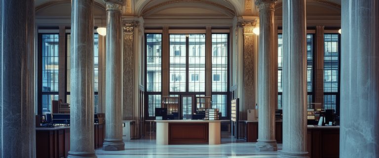 Concept art of an article about Currency Diversification: Elegant European private bank interior (AI Art)