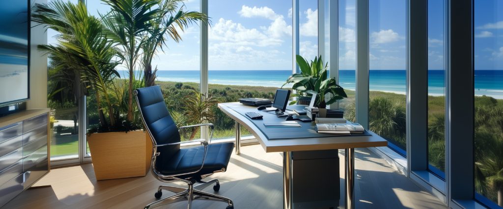 Concept art of an article about Offshore Banking Accounts for Tax Planning: Modern office with beach view (AI Art)