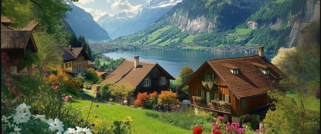 Concept art of an article about Safest Countries to Live in Europe: Peaceful Swiss village with lake and mountains (AI Art)
