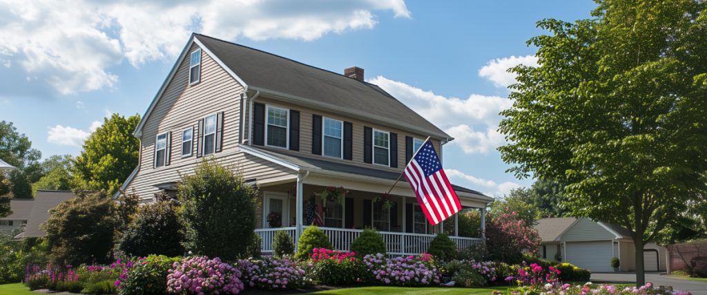Concept art of an article about US States With No Income Tax: Suburban home with nice flower garden and American flag (AI Art)