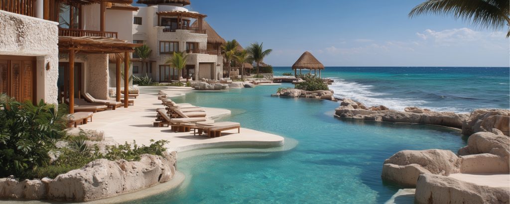Concept art of a nice resort on a beach in Mexico (AI Art)
