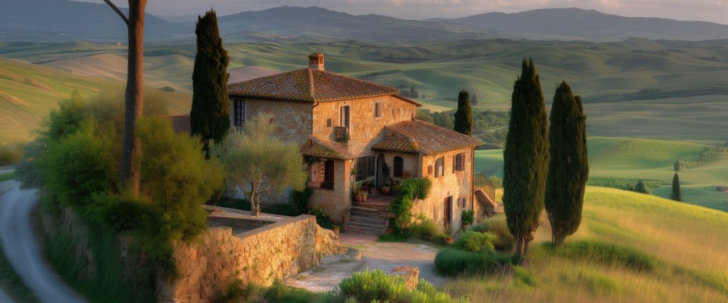 Concept art of an article about Buying Property in Italy: Tuscan house with greenery and hills (AI Art)