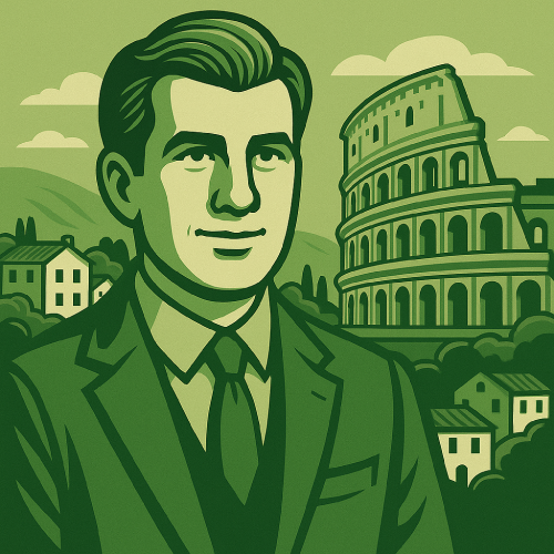 Concept art of a middle age avatar with a background illustrating Italy real estate (AI Art)