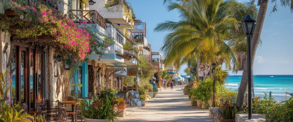 Concept art of an article about How to Retire in Mexico: Scenic view of a Mexican coastal resort town with palm trees and turquoise water (AI Art)