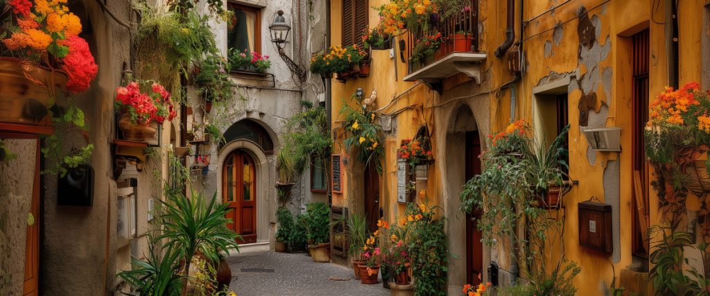 Concept art of an article about Forced Heirship and Foreign Real Estate: Narrow street in northern Italy with traditional buildings (AI Art)