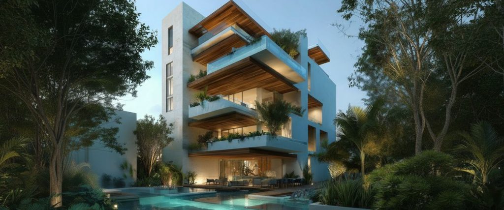 Concept art of an article about Foreign Real Estate Ownserhip Structure for Americans: vacation apartments in Mexico (AI Art)
