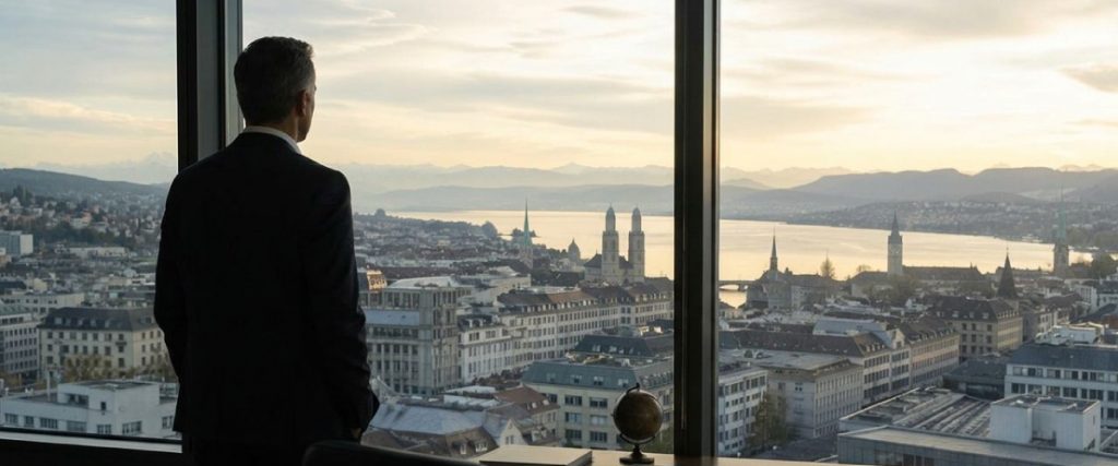 Concept art of an article about Why Americans Invest Overseas: Businessman overlooking city skyline from office window