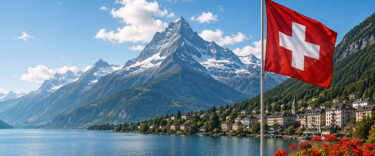 Concept art of an article about Moving IRA to Switzerland: Swiss lake and mountains with Swiss flag (AI Art)