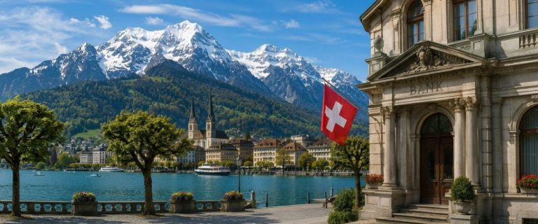 Concept art of an article about Borrowing to Fund a Swiss Investment Account: Swiss bank and lake view (AI Art)