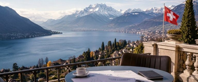 Concept art of an article about How to Use Low-Cost Leverage to Boost Swiss Investment Returns – Lomard loans: Balcony overlooking Swiss landscape (AI Art)