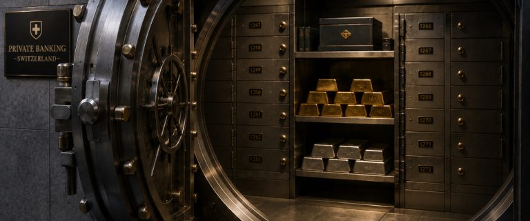 Concept art of an article about Funding an Investment Account with Gold: Swiss private bank vault with gold and silver bullion (AI Art)