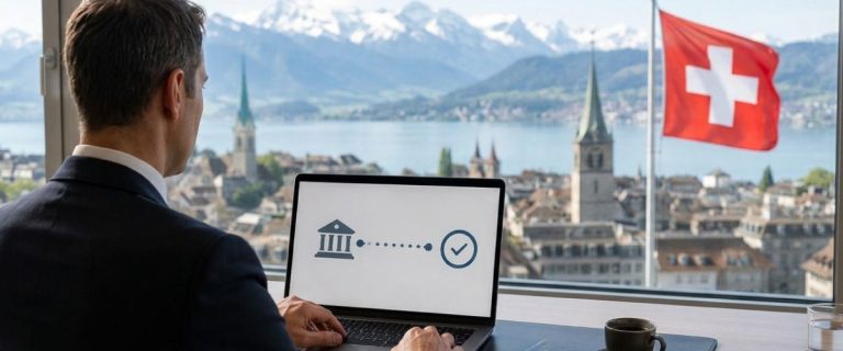 Concept art of an article about How Hard Is It To Withdraw Money From A Swiss Bank Account: investor using online banking to transfer funds from a Swiss bank account (AI Art)