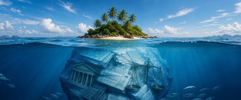 Concept art of an article about Offshore Trust Taxation Assumptions: Tropical Island above an iceberg containing legal and tax documents beneath the surface (AI Art)