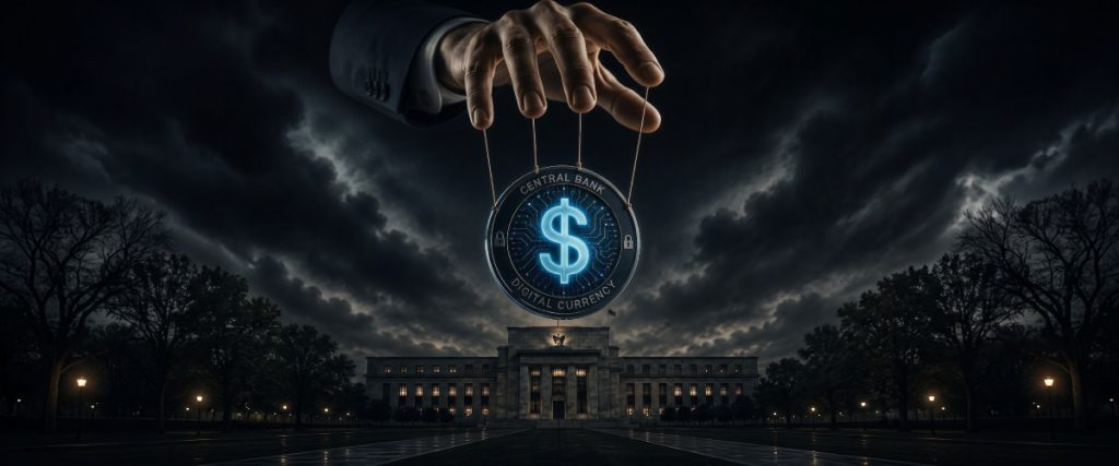 Concept art of an article about Worried About Central Bank Digital Currency: Puppet strings control a digital currency coin (AI Art)