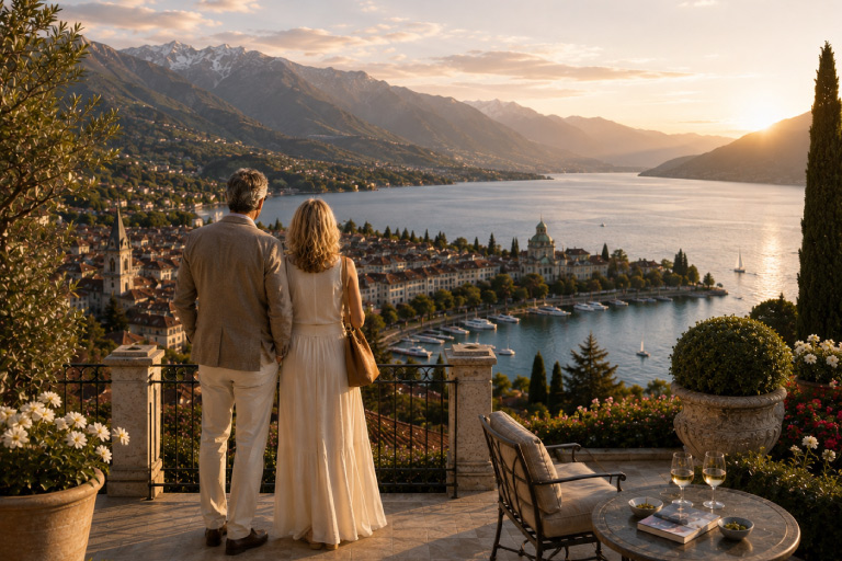 Couple on a terrace overlooking an alpine lakeside town at sunset (AI Art)