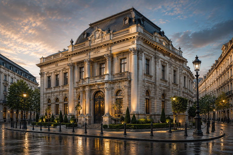 Illuminated neoclassical bank building on a wet city street at dusk (AI Art)