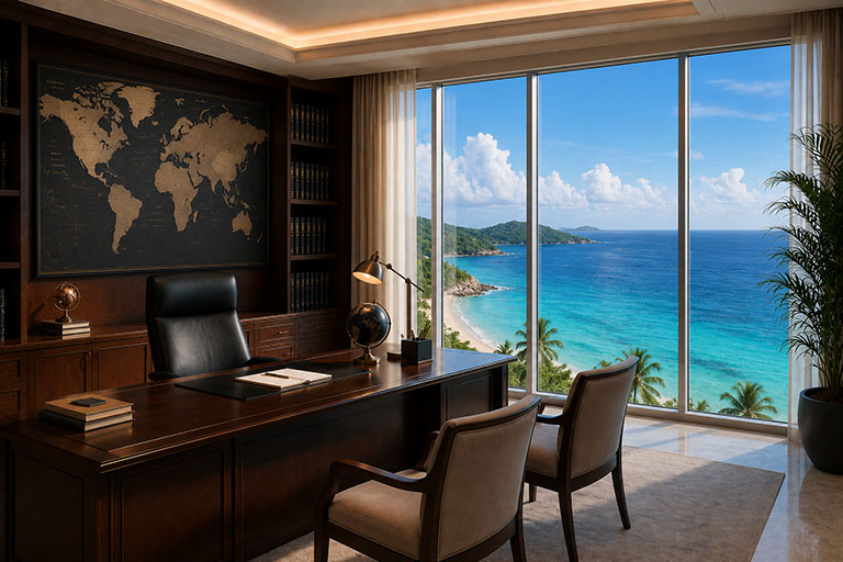 Dark wood office with a world map and floor-to-ceiling windows overlooking a tropical coastline (AI Art)