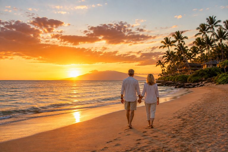 Couple walking hand in hand along a tropical beach at sunset (AI Art)