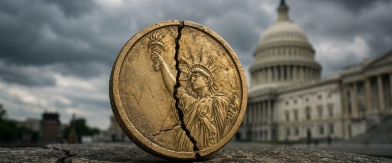 Cracked gold coin bearing the Statue of Liberty standing on broken stone before the US Capitol (AI Art)