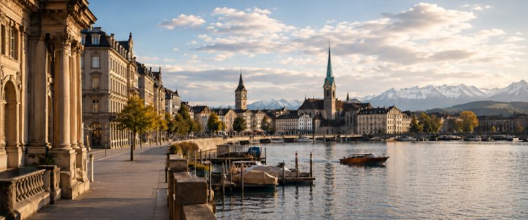 Zurich's Limmat riverfront with St. Peter's clock tower, the Fraumünster spire and the Alps beyond (AI Art)