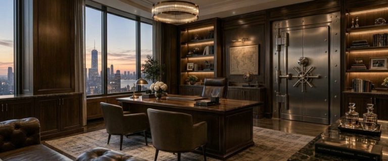 Executive office at dusk with a steel vault door, world map and city skyline through the window (AI Art)