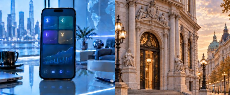 Split image: a smartphone showing dollar, euro, pound and yen balances beside a grand European bank entrance (AI Art)