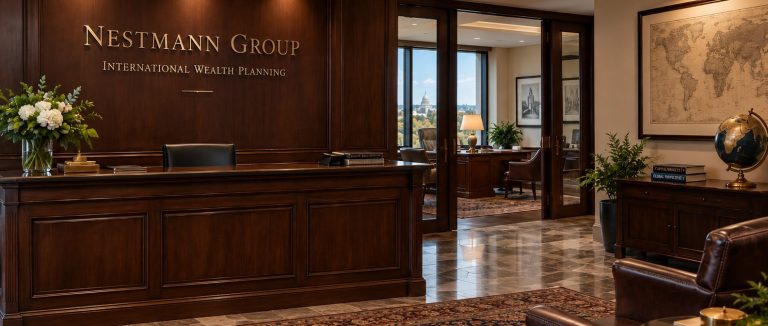 Wood-panelled reception with a Nestmann Group sign, a world map and a globe (AI Art)